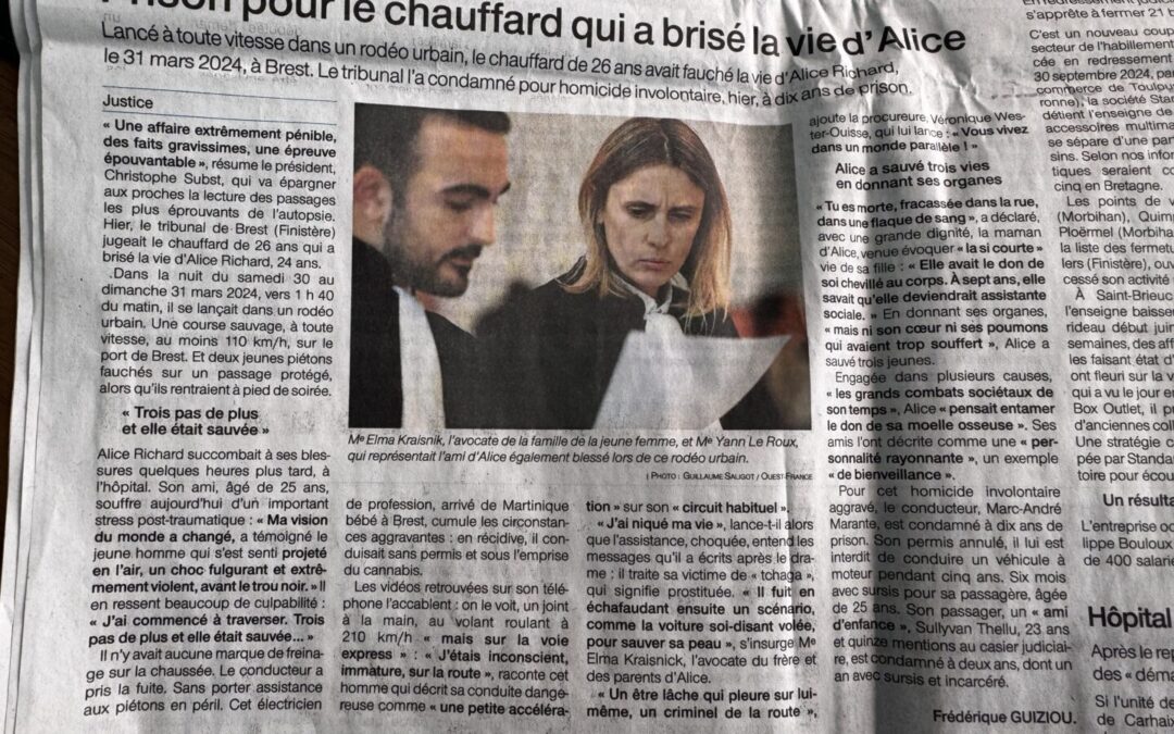 Prison pour le chauffard qui a brisé la vie d’Alice